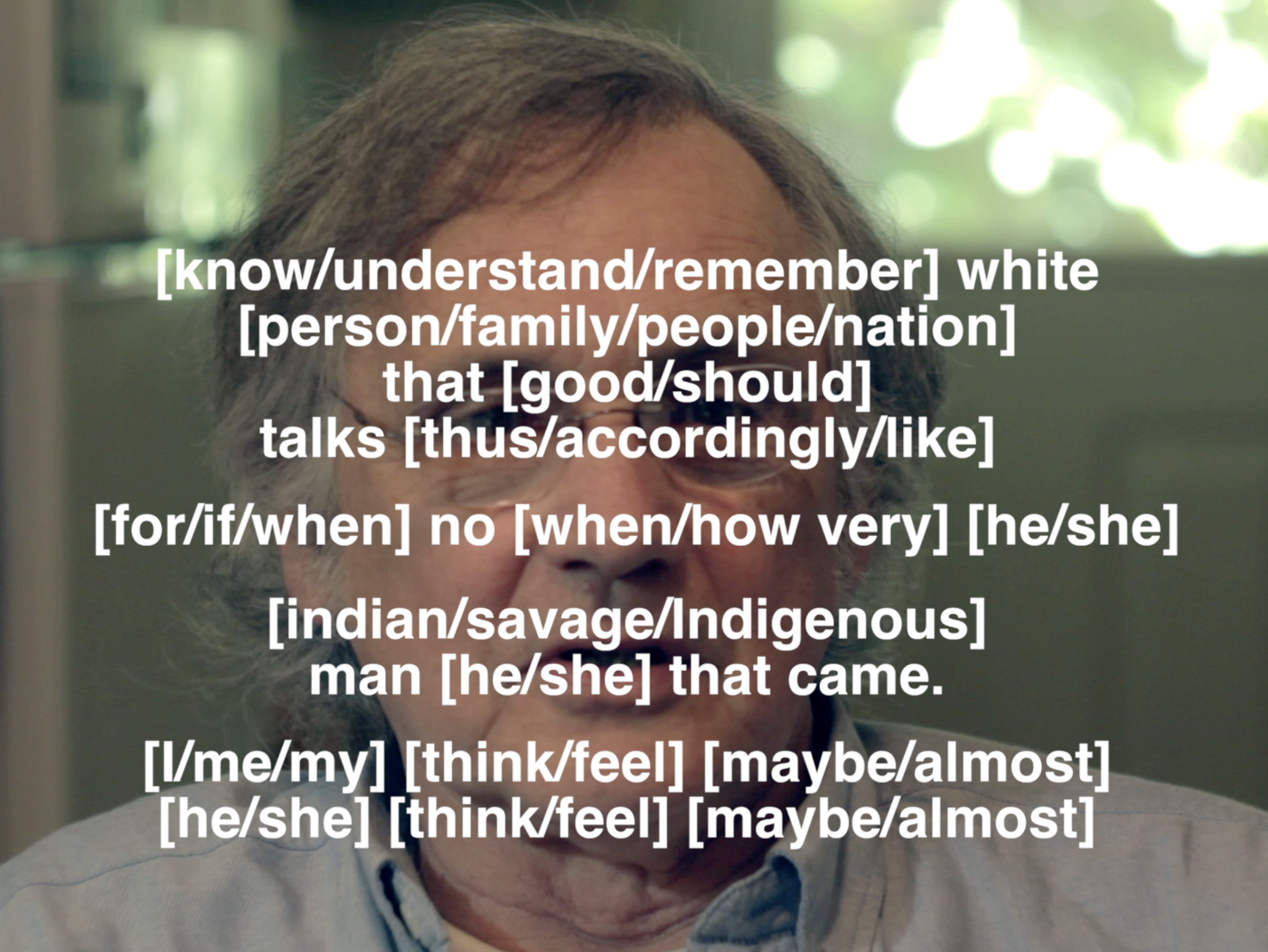 Sky Hopinka, Henry Zenk under layers of subtitles with translation choices. Still from wawa (2014)